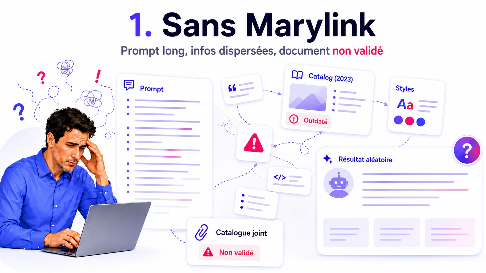 Sans Marylink : prompt à rallonge, infos dispersées, document non validé, résultat aléatoire.