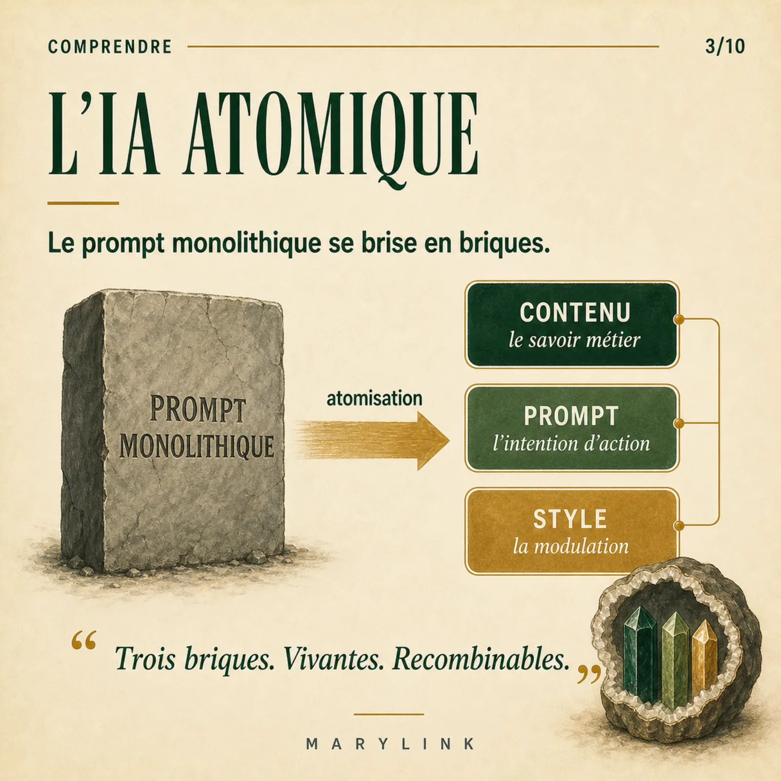 Un bloc « prompt monolithique » se brise par « atomisation » en trois briques empilées : Contenu, Prompt, Style ; à droite, des cristaux verts et dorés dans une géode.