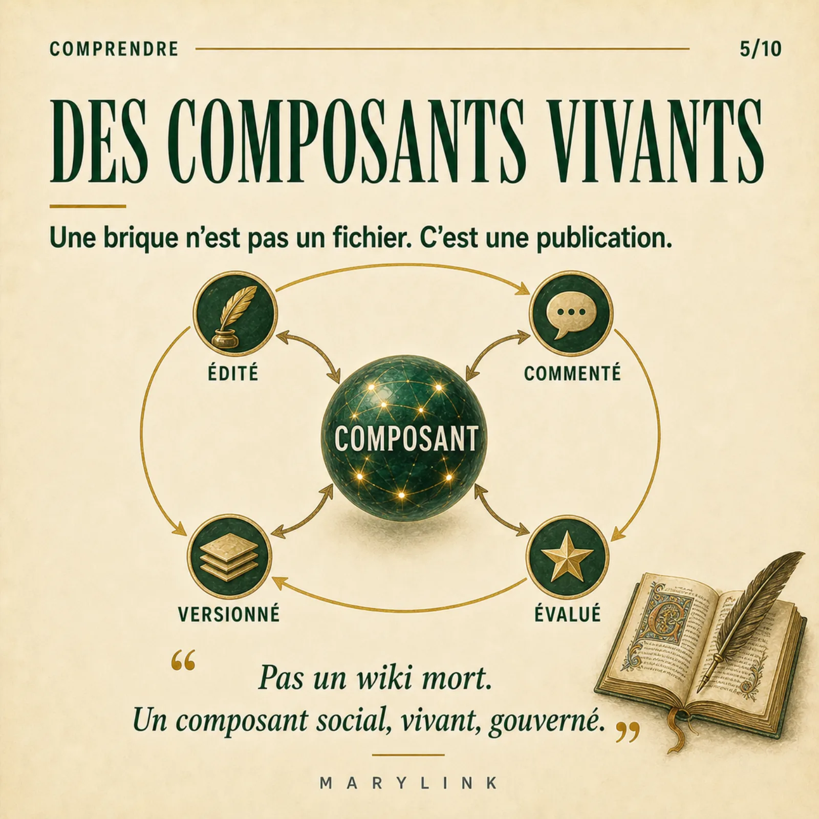 Un « composant » central entouré de quatre états en cycle, édité, commenté, évalué, versionné, reliés par des flèches dorées, à côté d'un livre ouvert et d'une plume.