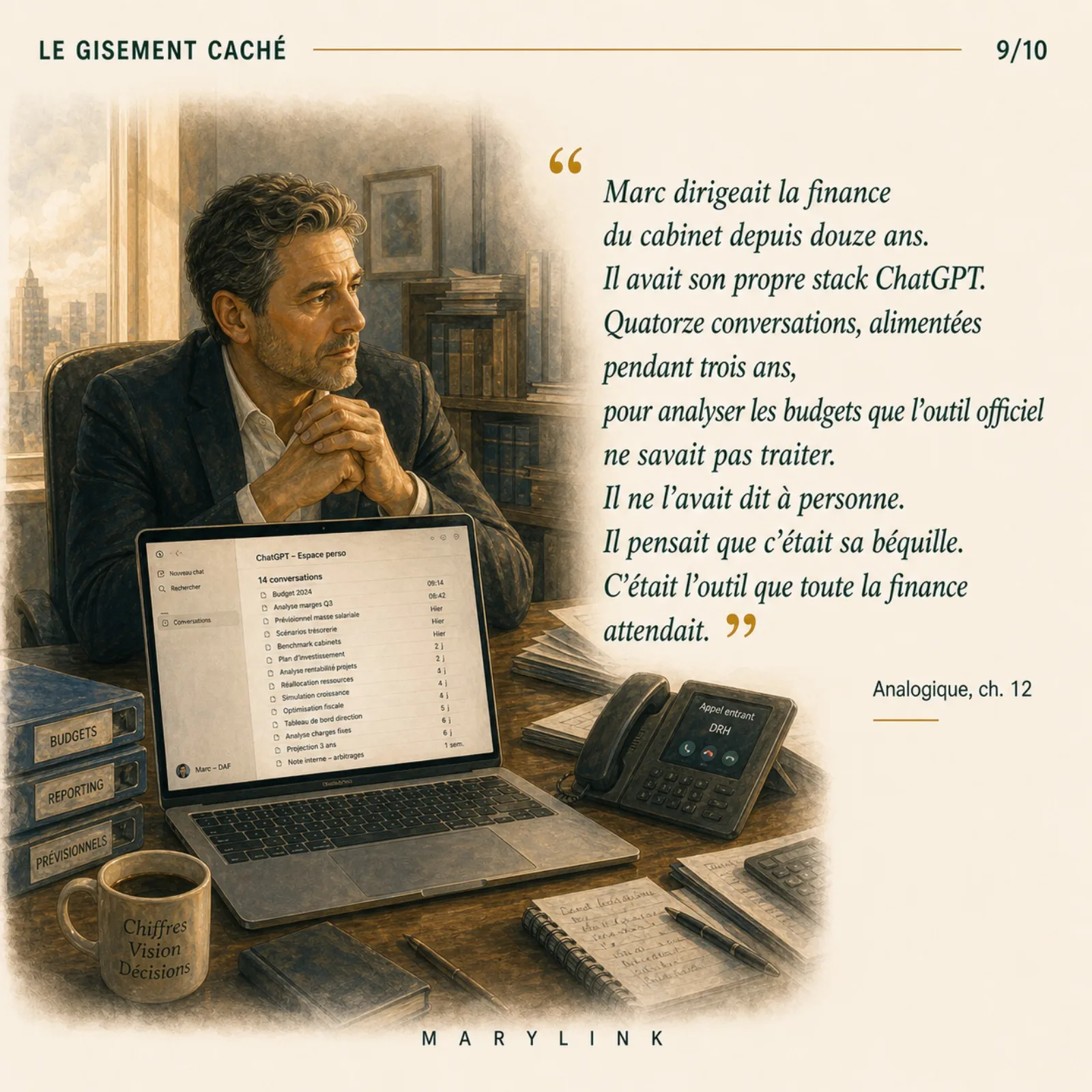 Marc, a finance director, fed fourteen personal AI conversations over three years that the whole finance team had been waiting for without knowing it.