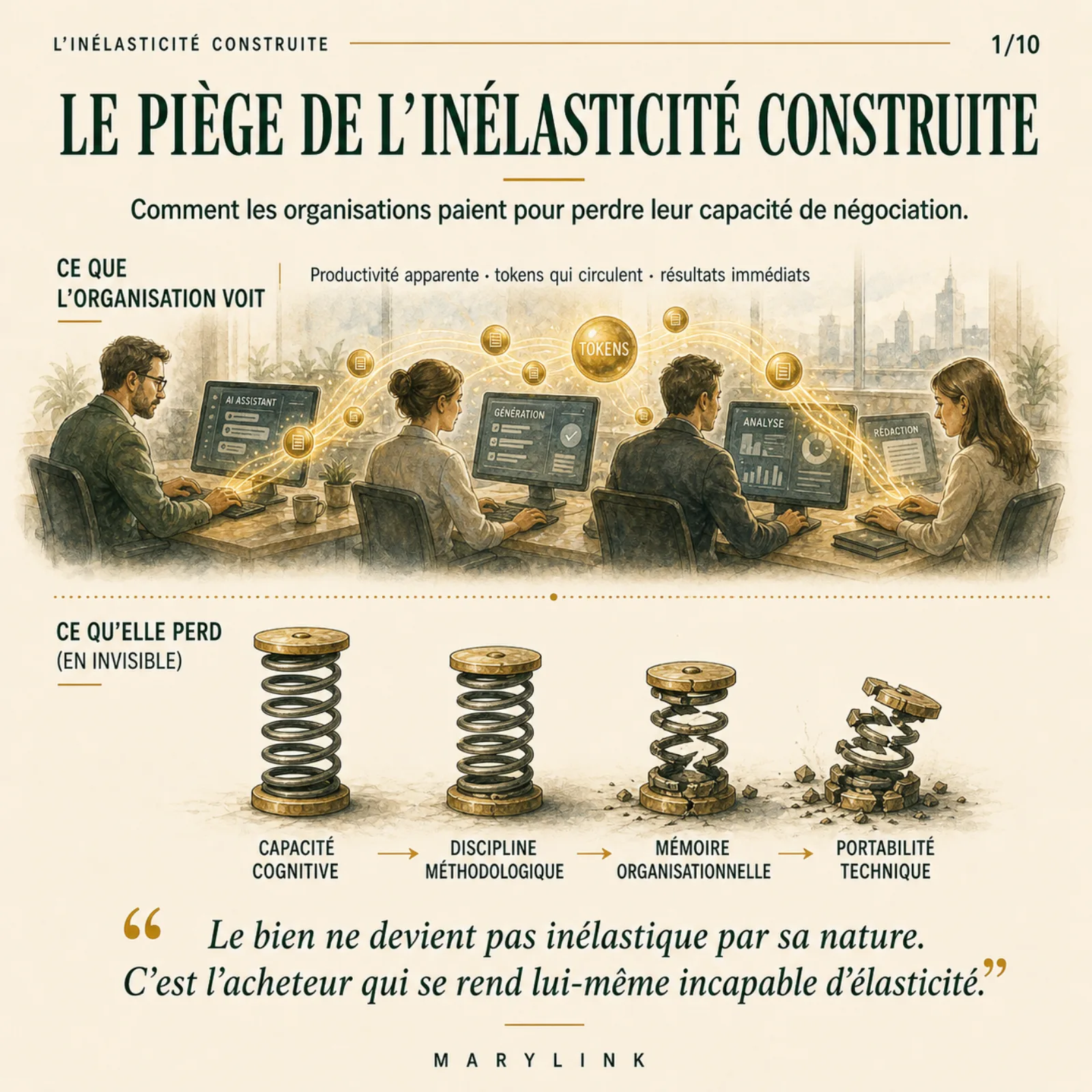 Built-in inelasticity: four springs of capability, cognition, method, memory, portability, sag one by one until the organization can no longer say no to the price.