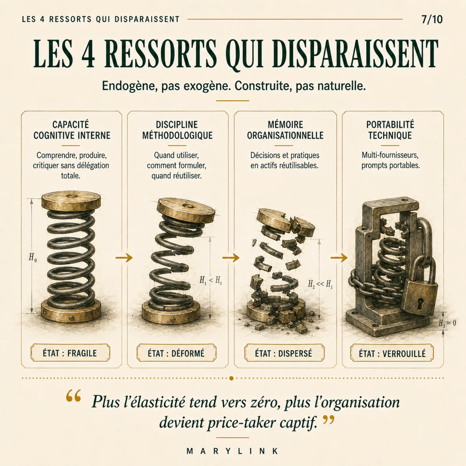Four springs measure an organization's elasticity, internal cognition, methodological discipline, organizational memory, technical portability, and each sags, turning the organization into a captive price-taker.