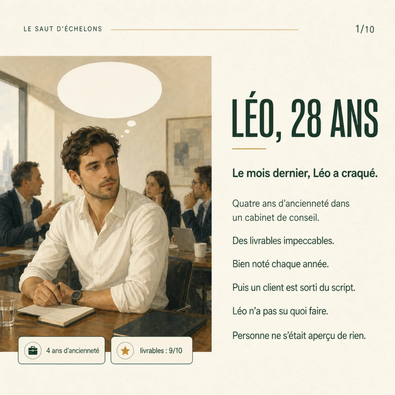 Léo, 28 ans, assis à une table de réunion, stylo en main, l'air pensif, une bulle vide au-dessus de lui ; en regard, son ancienneté et la mention « livrables : 9/10 ».