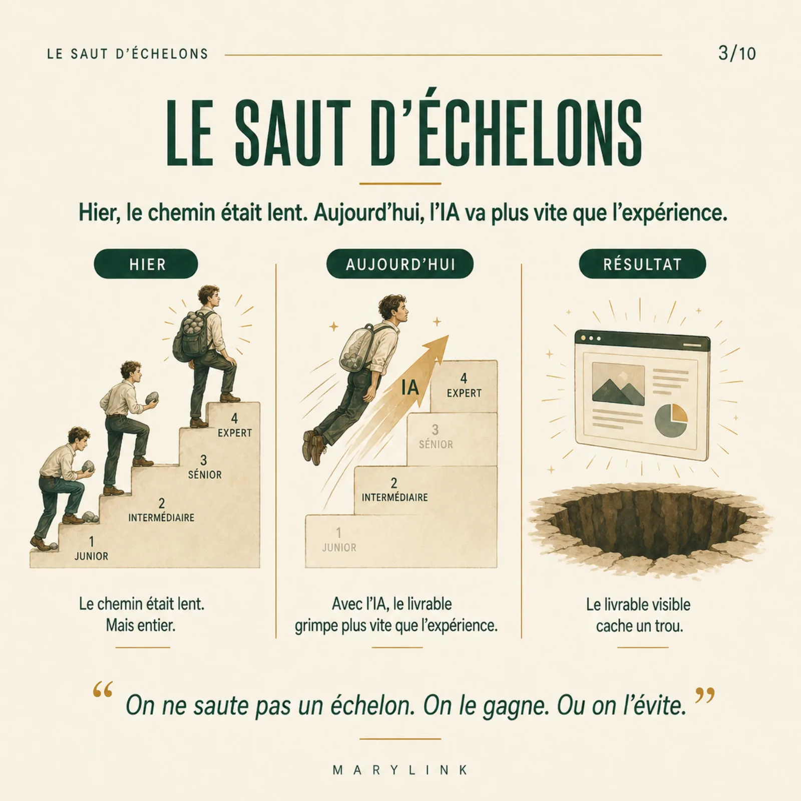 Triptyque Hier / Aujourd'hui / Résultat : une montée lente d'escalier, un saut propulsé par l'IA, puis un livrable brillant au-dessus d'un trou.