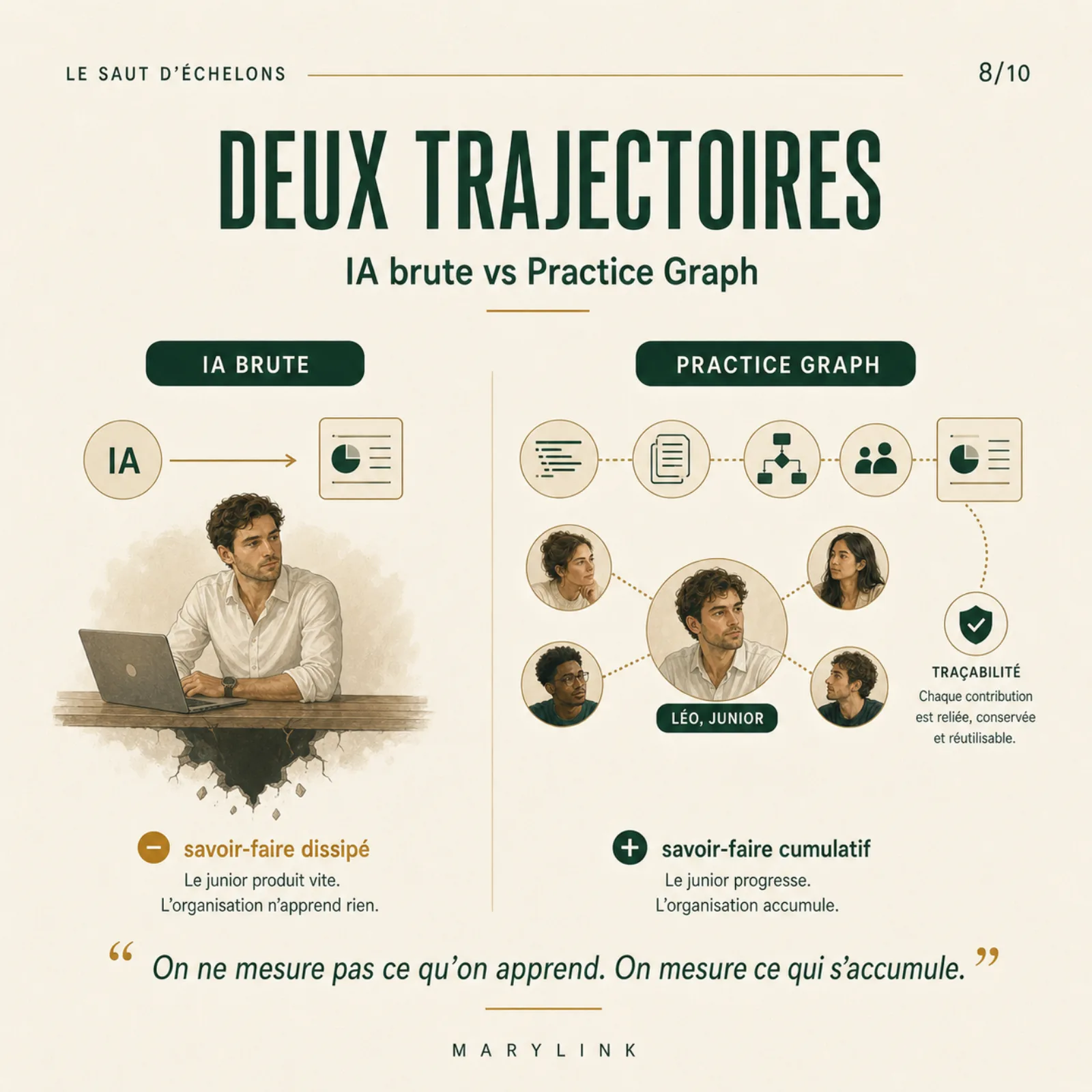 Comparaison en deux colonnes : à gauche « IA brute », une personne seule devant un écran sur un sol qui se fissure ; à droite « Practice Graph », Léo junior relié à plusieurs collègues et à un badge de traçabilité.