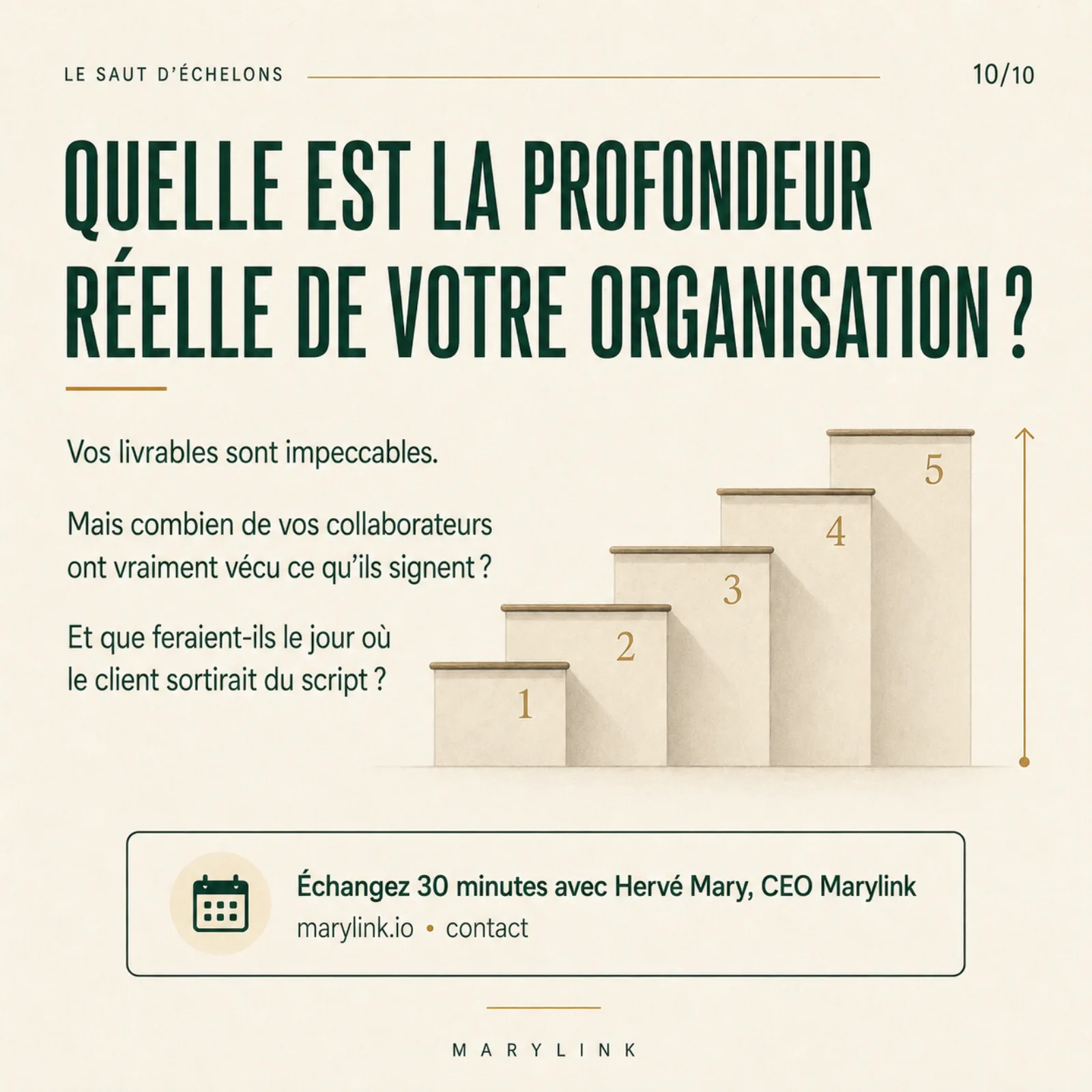 Cinq blocs en escalier numérotés de 1 à 5 surmontés d'une flèche montante ; un encart invite à échanger 30 minutes avec Hervé Mary, CEO Marylink.