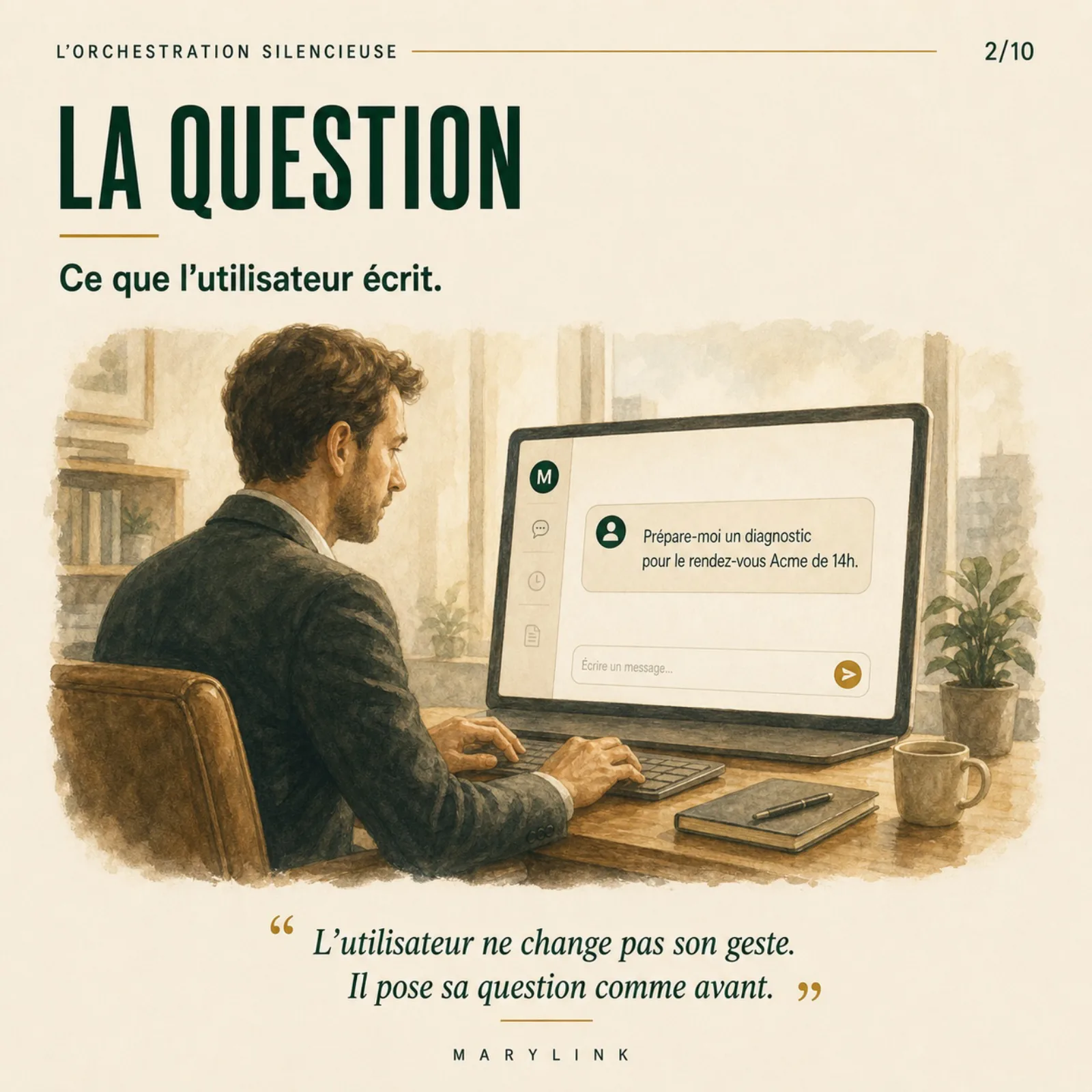 The user asks their question as before: no new gesture to learn, all the machinery stays beneath the surface.