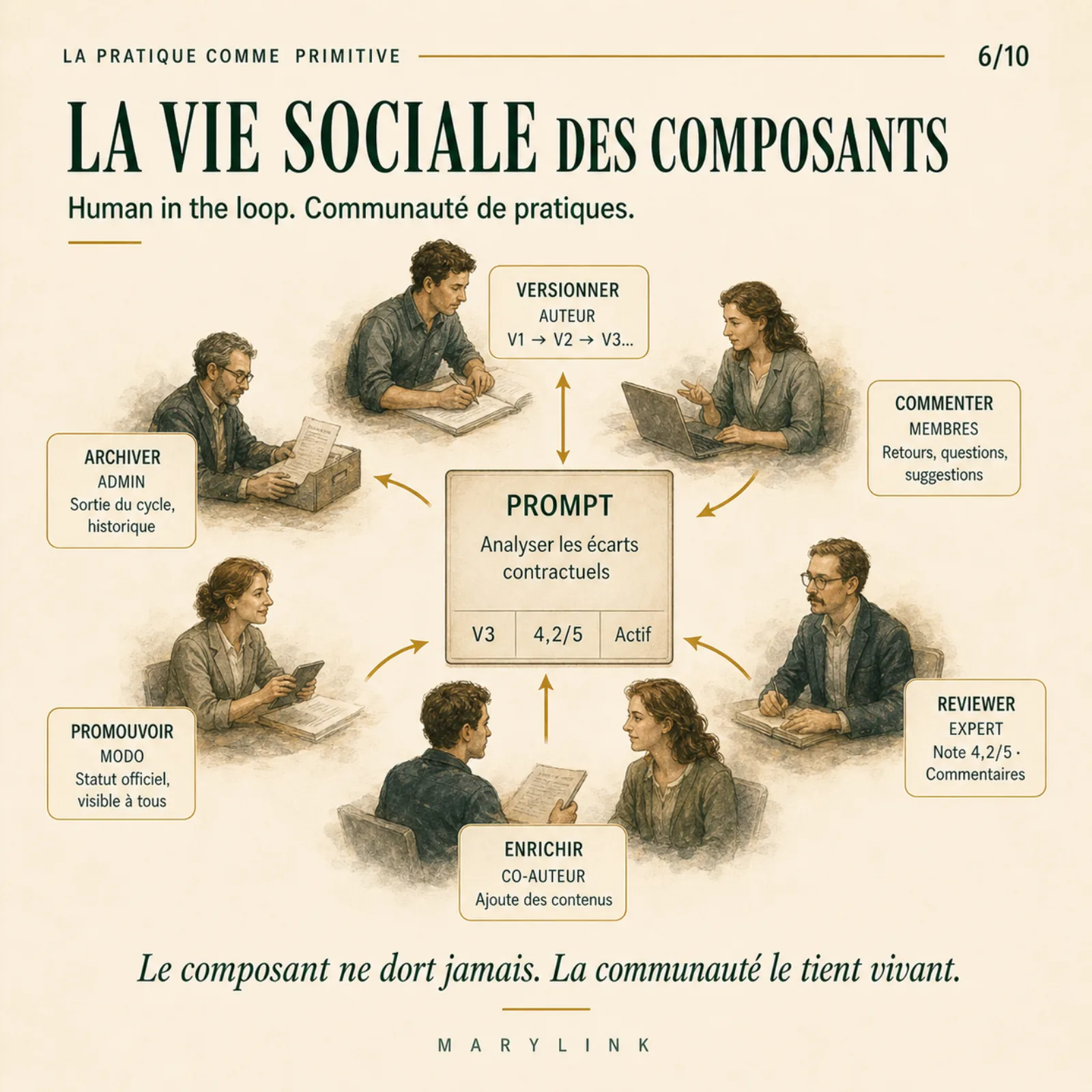 Autour d'une pratique gouvernée, une communauté tient le composant vivant : on le versionne, le commente, l'évalue, l'enrichit, le promeut, l'archive.