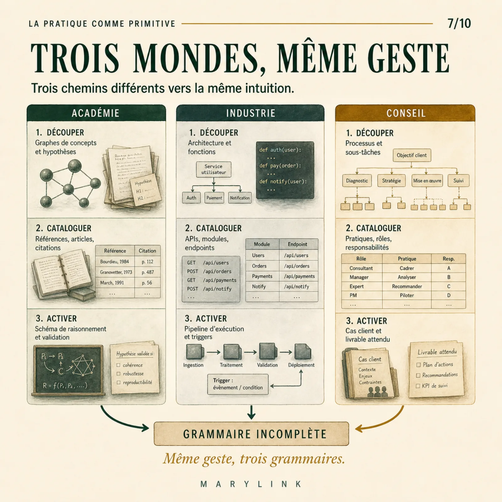 Académie, industrie et conseil exécutent le même geste, décomposer, cataloguer, activer, mais chacun dans sa propre grammaire, jamais partagée.