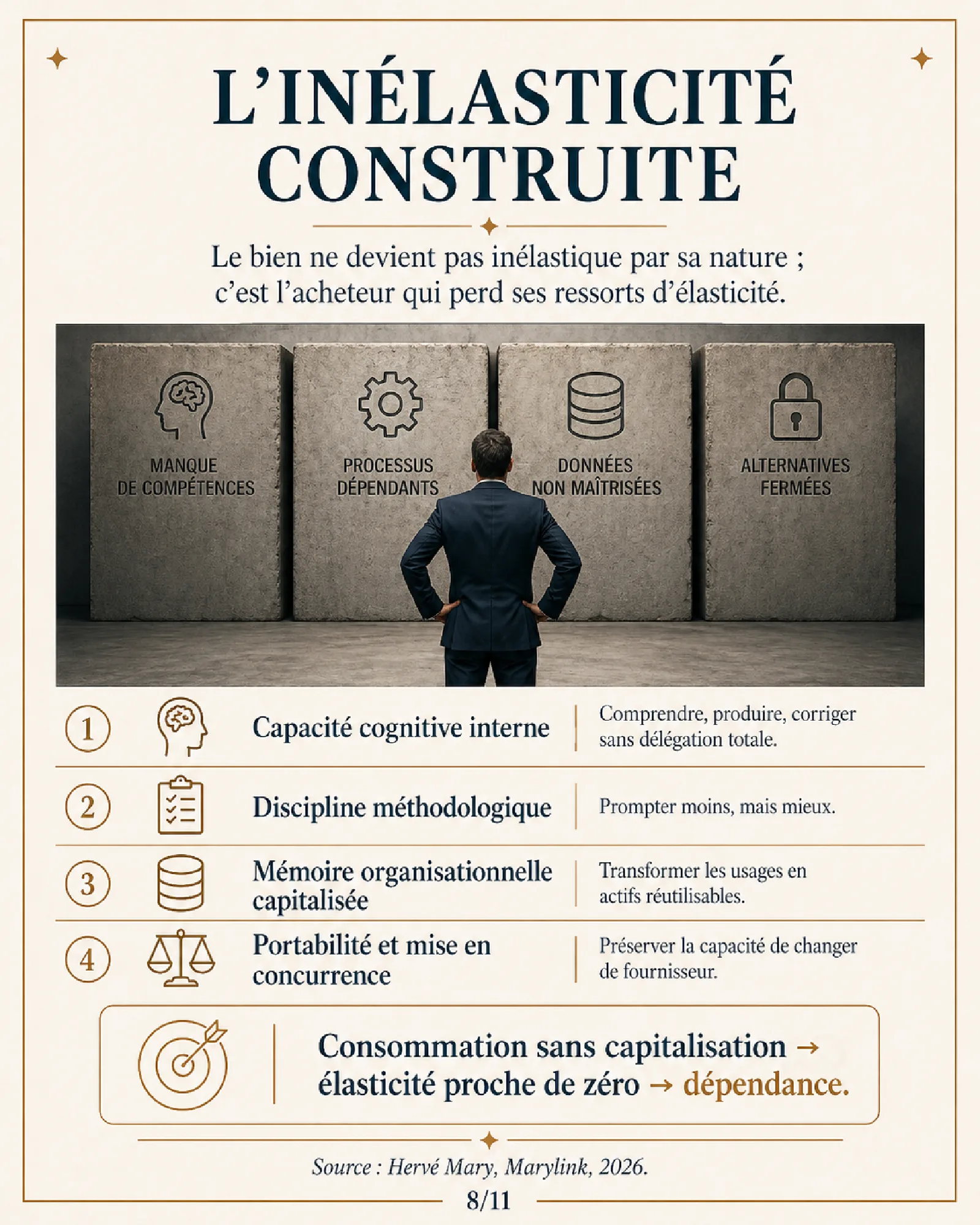 Homme de dos face à quatre blocs de pierre, manque de compétences, processus dépendants, données non maîtrisées, alternatives fermées.