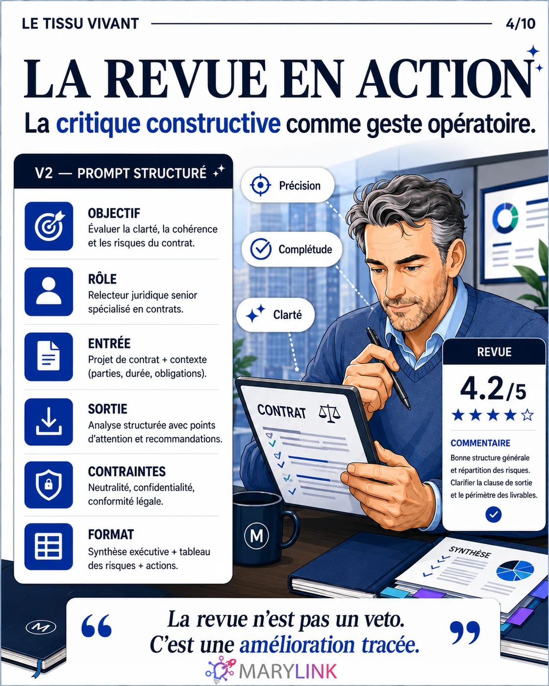 Une revue note un composant 4,2/5 et joint des demandes ciblées, précision, complétude, clarté : la critique est un geste opératoire, pas un veto.