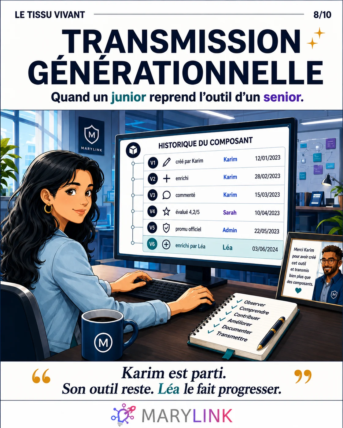 L'historique d'un composant montre six versions de Karim, Marie, un expert et Léa : un junior reprend l'outil d'un senior parti sans repartir de zéro.