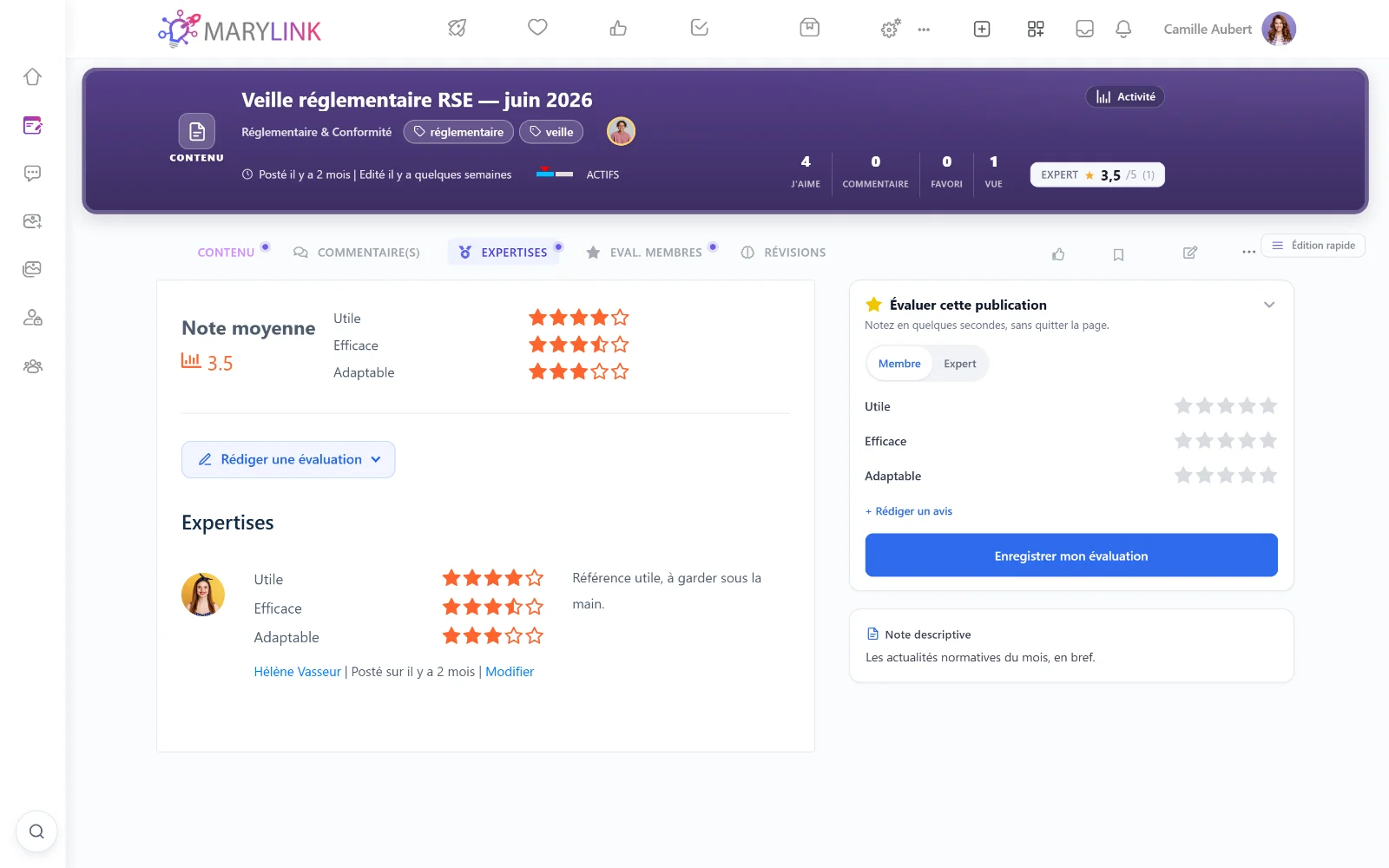 Double évaluation membres et experts d'une pratique, avec écart de perception et avis détaillés