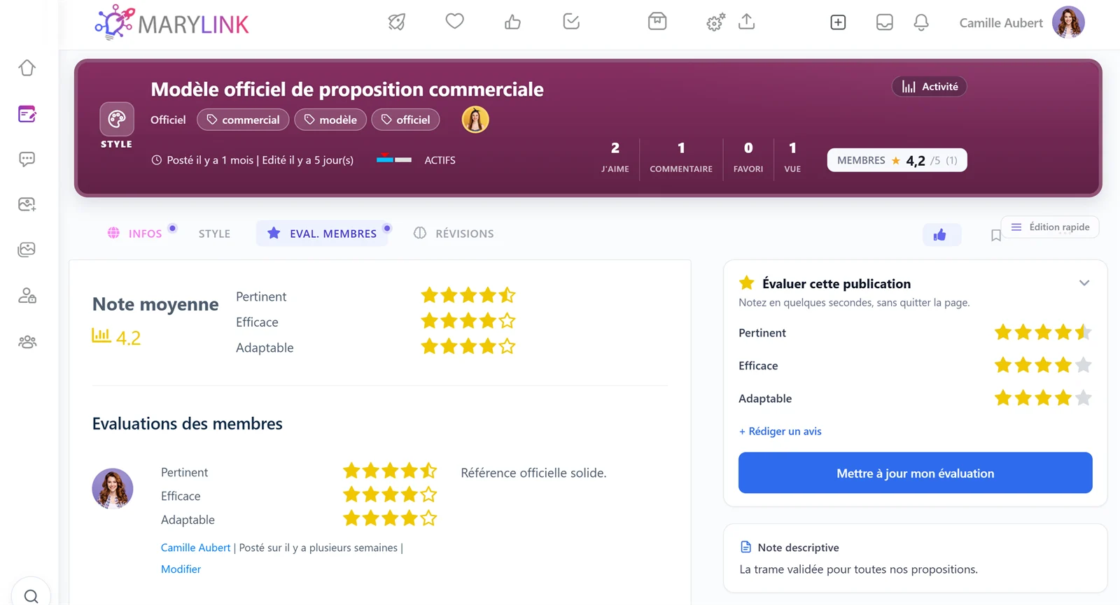 Une proposition commerciale officielle dans Marylink, évaluée par les membres (pertinent, efficace, adaptable) et adoptée comme référence