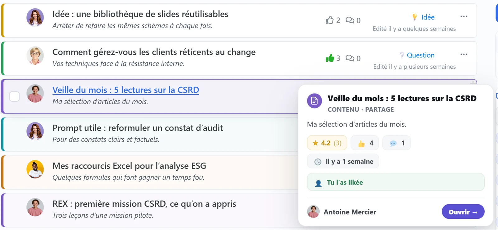 Le fil des publications dans Marylink avec une carte d'aperçu au survol : évaluation, appréciations et bouton « Ouvrir », pour retrouver les pratiques de l'équipe d'un coup d'œil