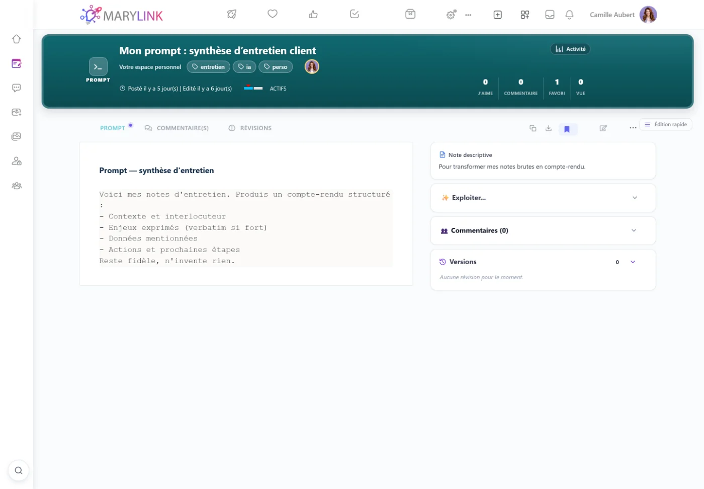 Une fiche pratique Marylink : un prompt typé avec ses tags, son contenu, ses versions et le bouton Exploiter pour le réutiliser