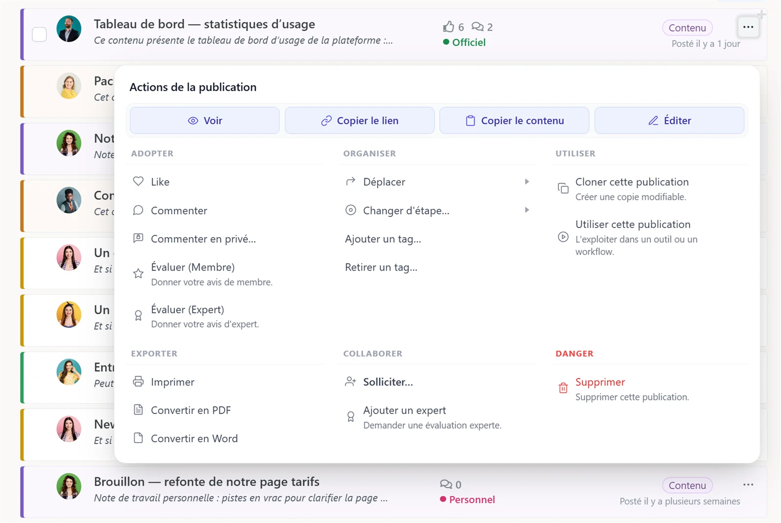 Le menu d'actions d'une publication Marylink : adopter, organiser, cloner, exporter en PDF ou Word, utiliser dans un outil ou un workflow