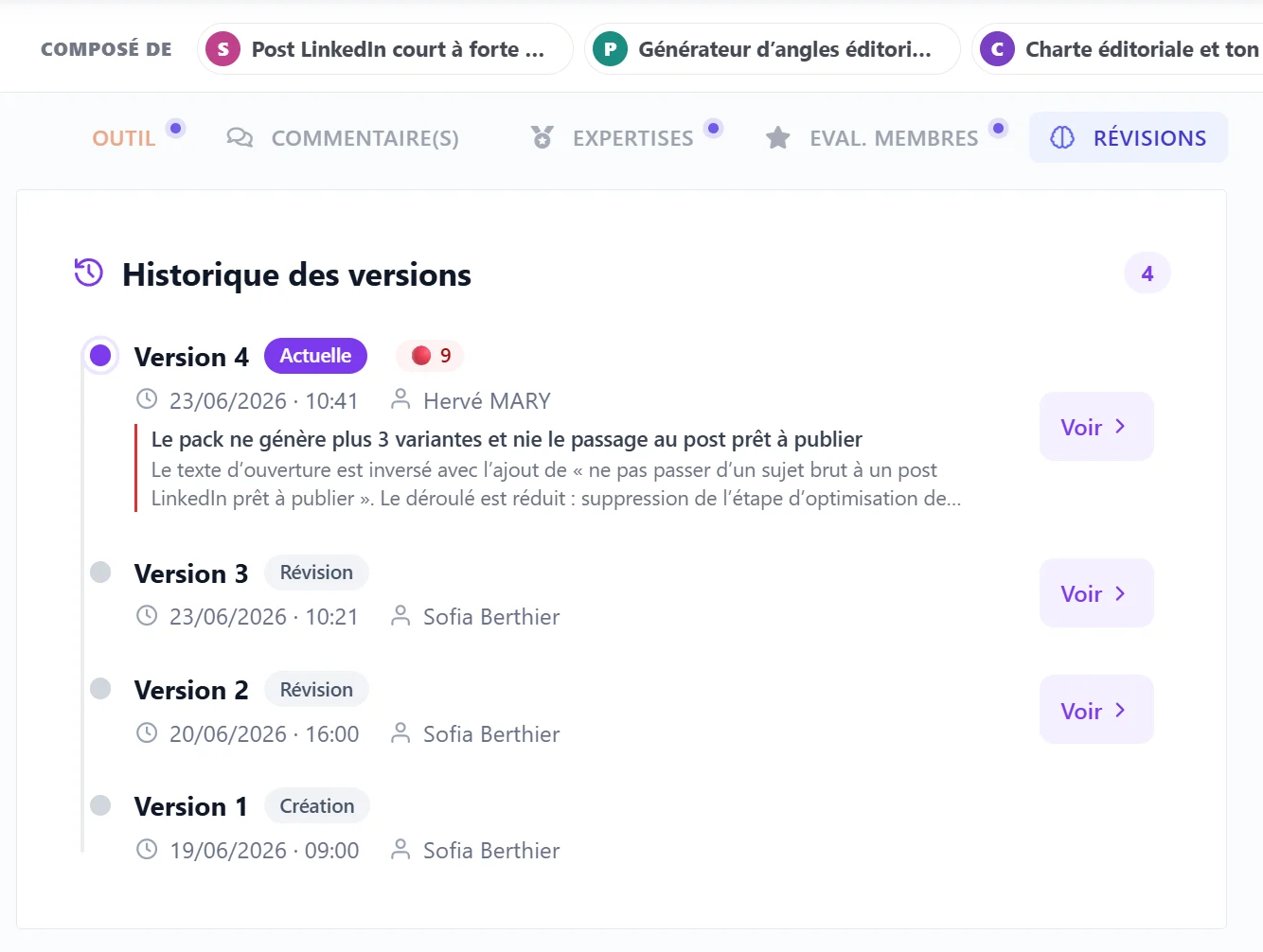 Historique des versions d'une pratique cabinet dans Marylink : quatre versions, leurs auteurs et le résumé des changements